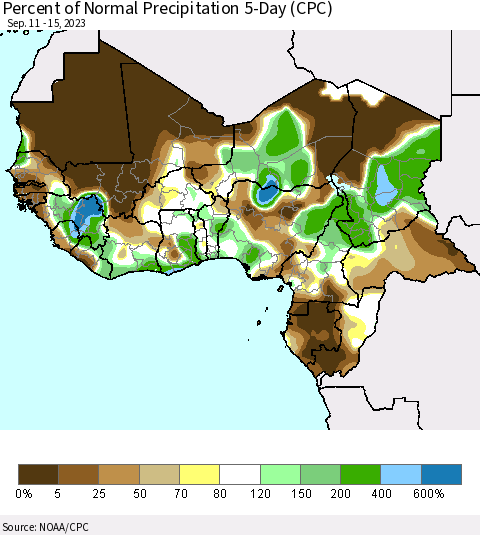 Western Africa Percent of Normal Precipitation 5-Day (CPC) Thematic Map For 9/11/2023 - 9/15/2023