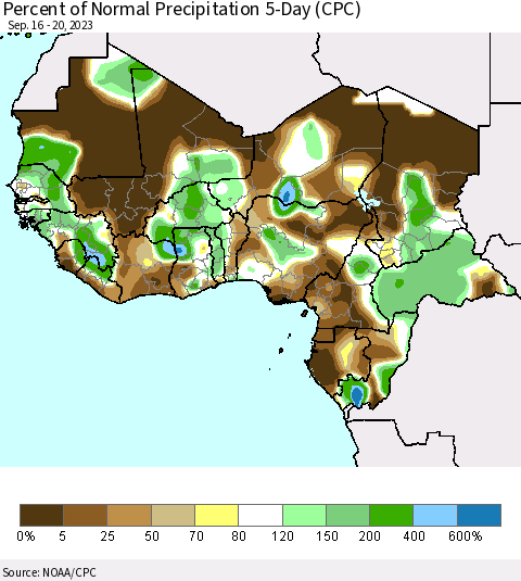 Western Africa Percent of Normal Precipitation 5-Day (CPC) Thematic Map For 9/16/2023 - 9/20/2023