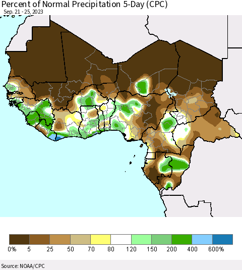 Western Africa Percent of Normal Precipitation 5-Day (CPC) Thematic Map For 9/21/2023 - 9/25/2023