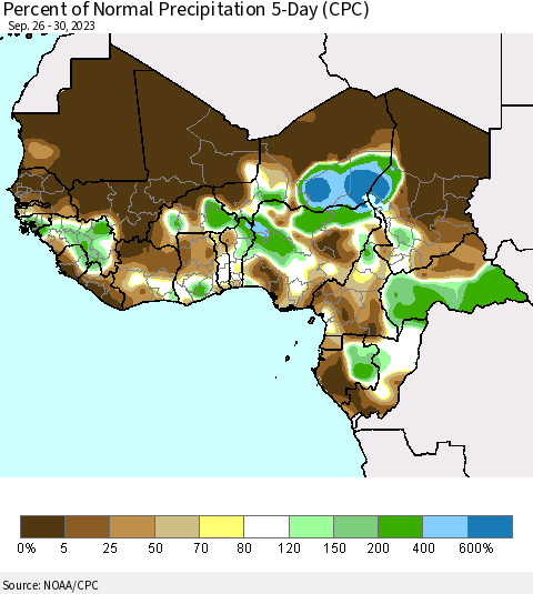 Western Africa Percent of Normal Precipitation 5-Day (CPC) Thematic Map For 9/26/2023 - 9/30/2023
