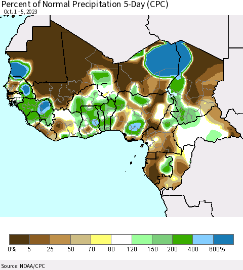 Western Africa Percent of Normal Precipitation 5-Day (CPC) Thematic Map For 10/1/2023 - 10/5/2023