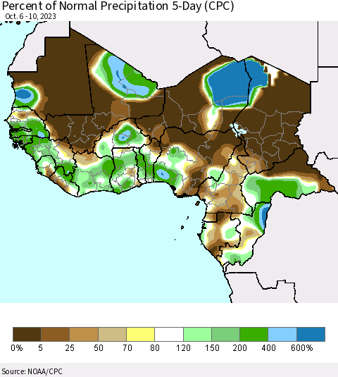 Western Africa Percent of Normal Precipitation 5-Day (CPC) Thematic Map For 10/6/2023 - 10/10/2023