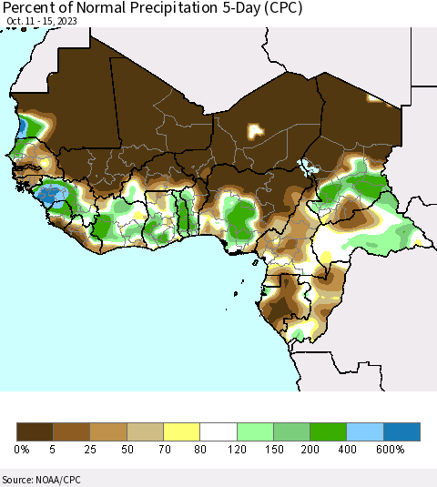 Western Africa Percent of Normal Precipitation 5-Day (CPC) Thematic Map For 10/11/2023 - 10/15/2023