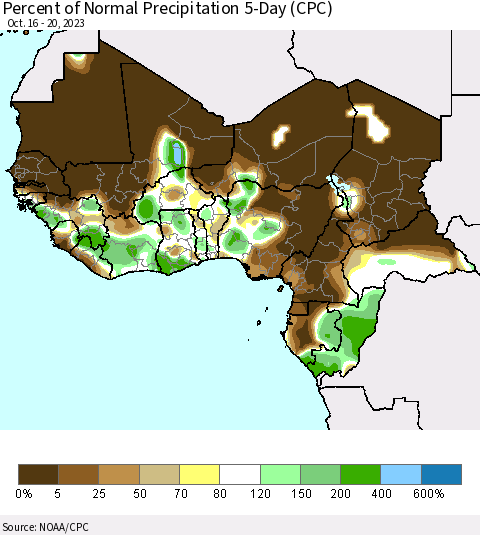 Western Africa Percent of Normal Precipitation 5-Day (CPC) Thematic Map For 10/16/2023 - 10/20/2023