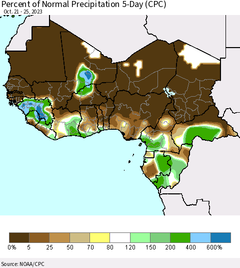 Western Africa Percent of Normal Precipitation 5-Day (CPC) Thematic Map For 10/21/2023 - 10/25/2023