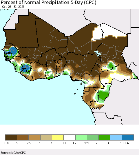 Western Africa Percent of Normal Precipitation 5-Day (CPC) Thematic Map For 10/26/2023 - 10/31/2023