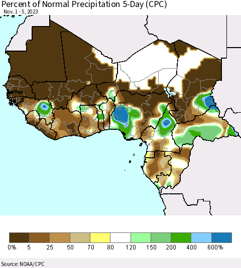 Western Africa Percent of Normal Precipitation 5-Day (CPC) Thematic Map For 11/1/2023 - 11/5/2023