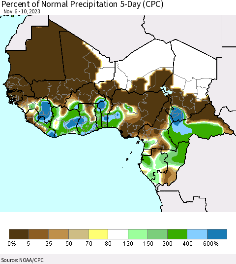Western Africa Percent of Normal Precipitation 5-Day (CPC) Thematic Map For 11/6/2023 - 11/10/2023