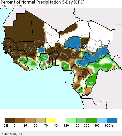Western Africa Percent of Normal Precipitation 5-Day (CPC) Thematic Map For 11/11/2023 - 11/15/2023