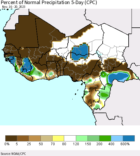 Western Africa Percent of Normal Precipitation 5-Day (CPC) Thematic Map For 11/16/2023 - 11/20/2023