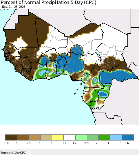 Western Africa Percent of Normal Precipitation 5-Day (CPC) Thematic Map For 11/21/2023 - 11/25/2023