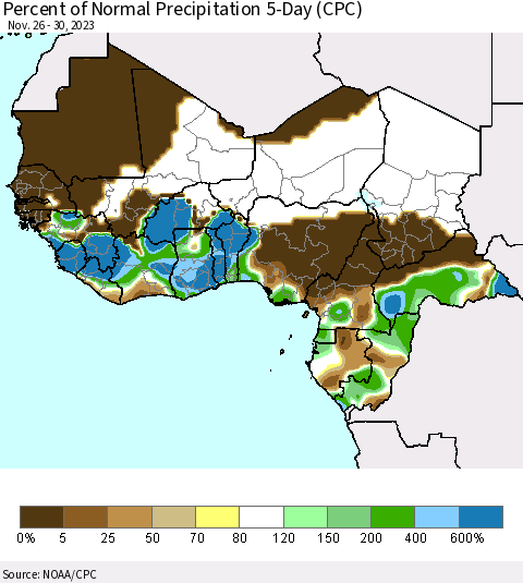 Western Africa Percent of Normal Precipitation 5-Day (CPC) Thematic Map For 11/26/2023 - 11/30/2023