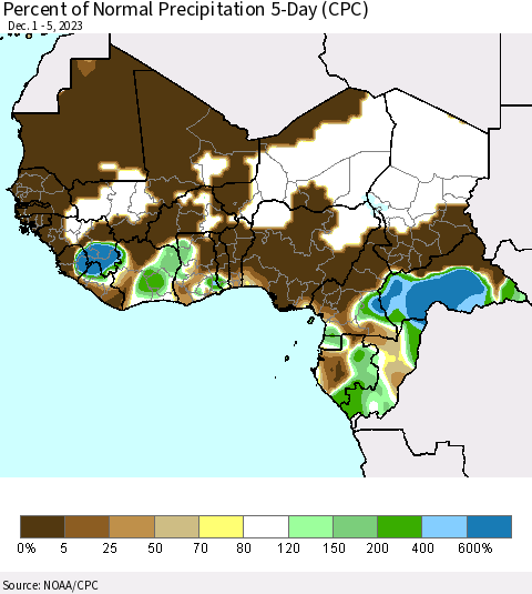 Western Africa Percent of Normal Precipitation 5-Day (CPC) Thematic Map For 12/1/2023 - 12/5/2023