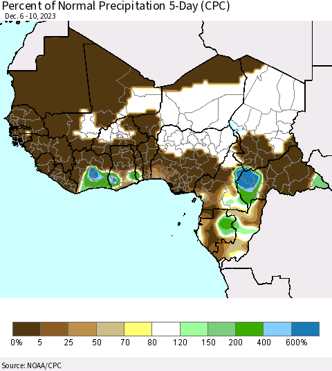 Western Africa Percent of Normal Precipitation 5-Day (CPC) Thematic Map For 12/6/2023 - 12/10/2023