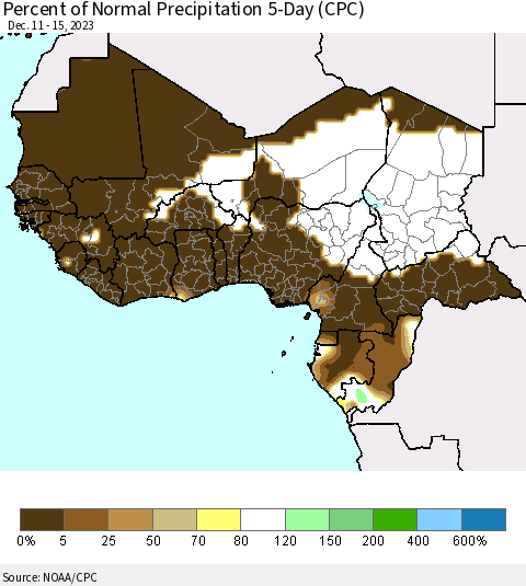 Western Africa Percent of Normal Precipitation 5-Day (CPC) Thematic Map For 12/11/2023 - 12/15/2023