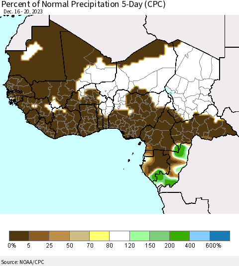 Western Africa Percent of Normal Precipitation 5-Day (CPC) Thematic Map For 12/16/2023 - 12/20/2023