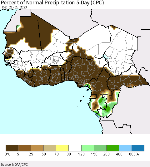 Western Africa Percent of Normal Precipitation 5-Day (CPC) Thematic Map For 12/21/2023 - 12/25/2023