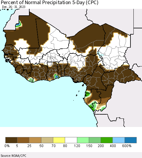 Western Africa Percent of Normal Precipitation 5-Day (CPC) Thematic Map For 12/26/2023 - 12/31/2023