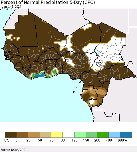 Western Africa Percent of Normal Precipitation 5-Day (CPC) Thematic Map For 1/1/2024 - 1/5/2024