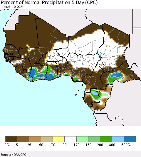 Western Africa Percent of Normal Precipitation 5-Day (CPC) Thematic Map For 1/6/2024 - 1/10/2024