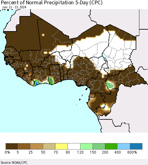 Western Africa Percent of Normal Precipitation 5-Day (CPC) Thematic Map For 1/11/2024 - 1/15/2024