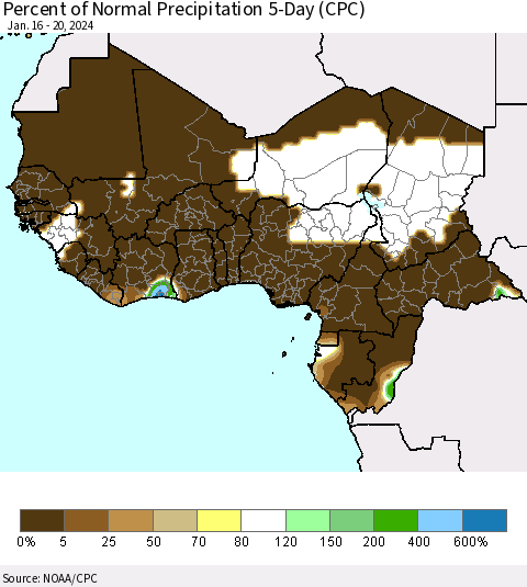 Western Africa Percent of Normal Precipitation 5-Day (CPC) Thematic Map For 1/16/2024 - 1/20/2024