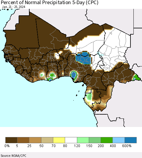 Western Africa Percent of Normal Precipitation 5-Day (CPC) Thematic Map For 1/21/2024 - 1/25/2024