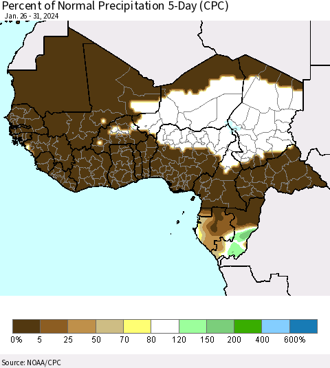 Western Africa Percent of Normal Precipitation 5-Day (CPC) Thematic Map For 1/26/2024 - 1/31/2024