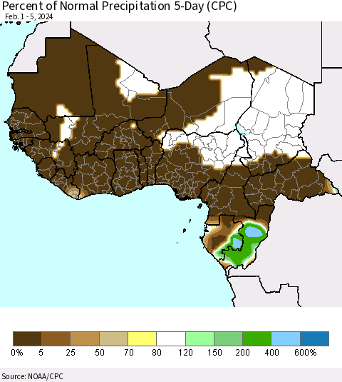 Western Africa Percent of Normal Precipitation 5-Day (CPC) Thematic Map For 2/1/2024 - 2/5/2024