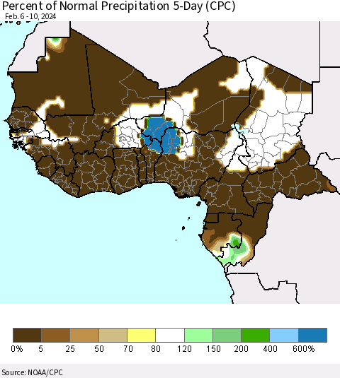 Western Africa Percent of Normal Precipitation 5-Day (CPC) Thematic Map For 2/6/2024 - 2/10/2024