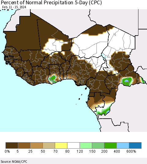 Western Africa Percent of Normal Precipitation 5-Day (CPC) Thematic Map For 2/11/2024 - 2/15/2024