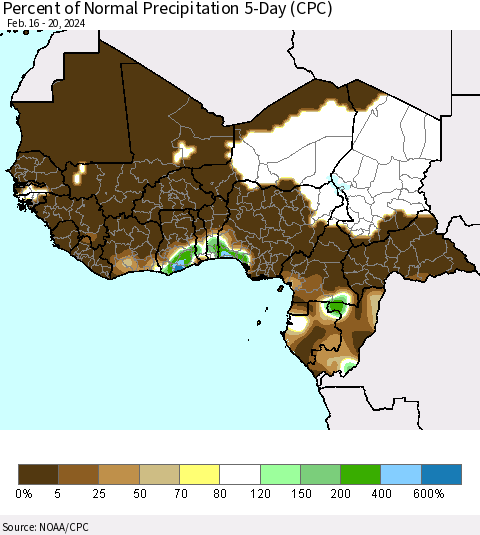 Western Africa Percent of Normal Precipitation 5-Day (CPC) Thematic Map For 2/16/2024 - 2/20/2024