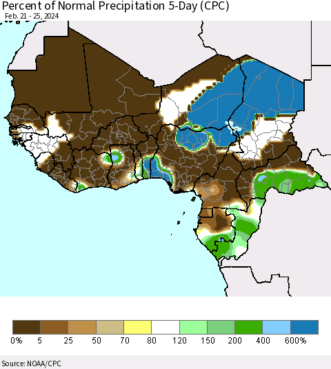 Western Africa Percent of Normal Precipitation 5-Day (CPC) Thematic Map For 2/21/2024 - 2/25/2024