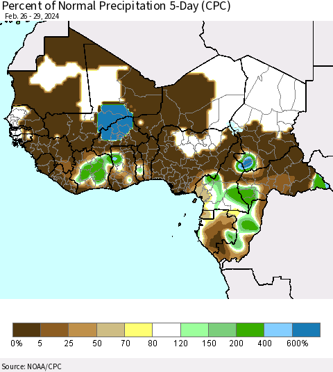 Western Africa Percent of Normal Precipitation 5-Day (CPC) Thematic Map For 2/26/2024 - 2/29/2024