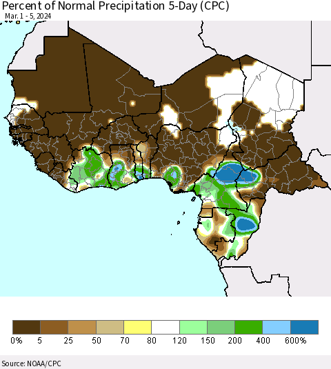 Western Africa Percent of Normal Precipitation 5-Day (CPC) Thematic Map For 3/1/2024 - 3/5/2024