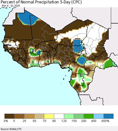 Western Africa Percent of Normal Precipitation 5-Day (CPC) Thematic Map For 3/6/2024 - 3/10/2024