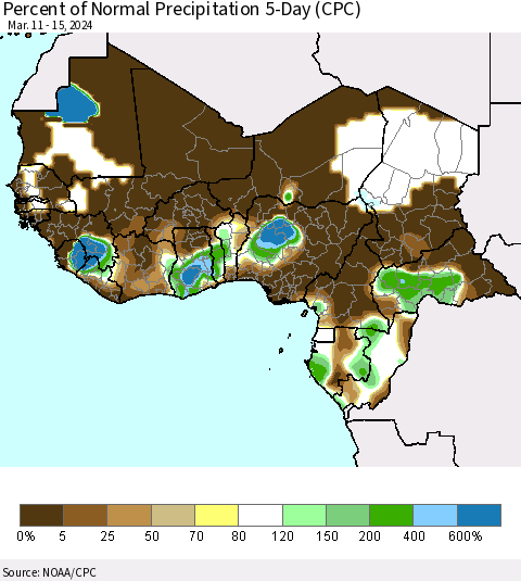 Western Africa Percent of Normal Precipitation 5-Day (CPC) Thematic Map For 3/11/2024 - 3/15/2024