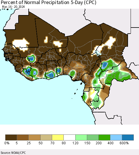 Western Africa Percent of Normal Precipitation 5-Day (CPC) Thematic Map For 3/16/2024 - 3/20/2024