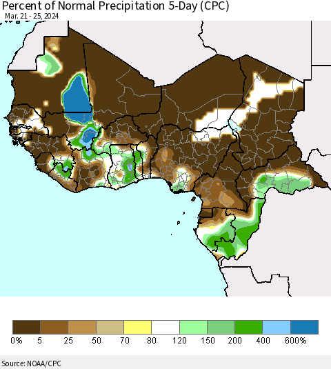 Western Africa Percent of Normal Precipitation 5-Day (CPC) Thematic Map For 3/21/2024 - 3/25/2024