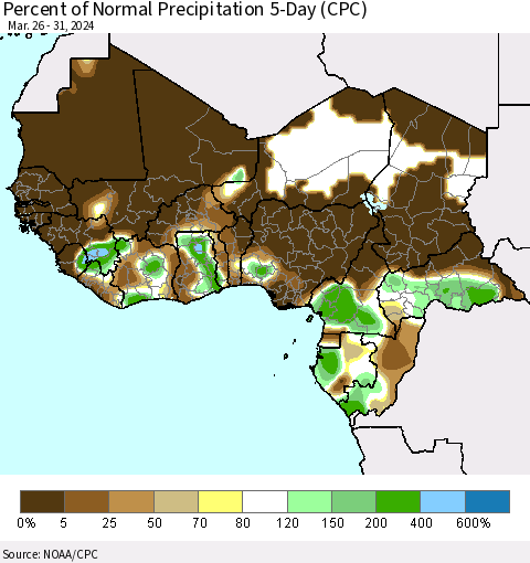 Western Africa Percent of Normal Precipitation 5-Day (CPC) Thematic Map For 3/26/2024 - 3/31/2024