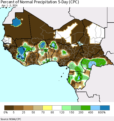 Western Africa Percent of Normal Precipitation 5-Day (CPC) Thematic Map For 4/1/2024 - 4/5/2024