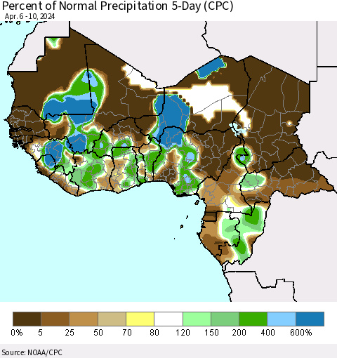 Western Africa Percent of Normal Precipitation 5-Day (CPC) Thematic Map For 4/6/2024 - 4/10/2024