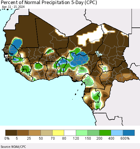 Western Africa Percent of Normal Precipitation 5-Day (CPC) Thematic Map For 4/11/2024 - 4/15/2024