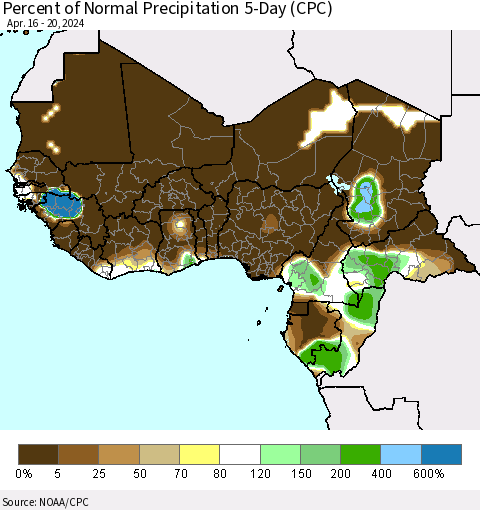 Western Africa Percent of Normal Precipitation 5-Day (CPC) Thematic Map For 4/16/2024 - 4/20/2024