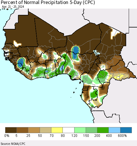 Western Africa Percent of Normal Precipitation 5-Day (CPC) Thematic Map For 4/21/2024 - 4/25/2024