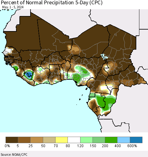 Western Africa Percent of Normal Precipitation 5-Day (CPC) Thematic Map For 5/1/2024 - 5/5/2024