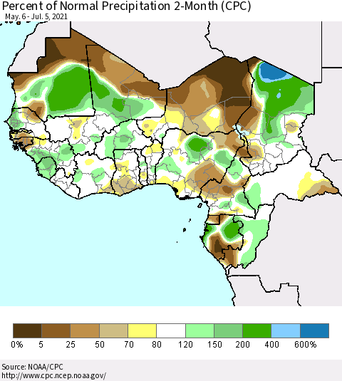 Western Africa Percent of Normal Precipitation 2-Month (CPC) Thematic Map For 5/6/2021 - 7/5/2021