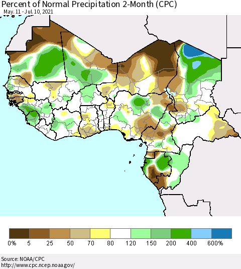 Western Africa Percent of Normal Precipitation 2-Month (CPC) Thematic Map For 5/11/2021 - 7/10/2021