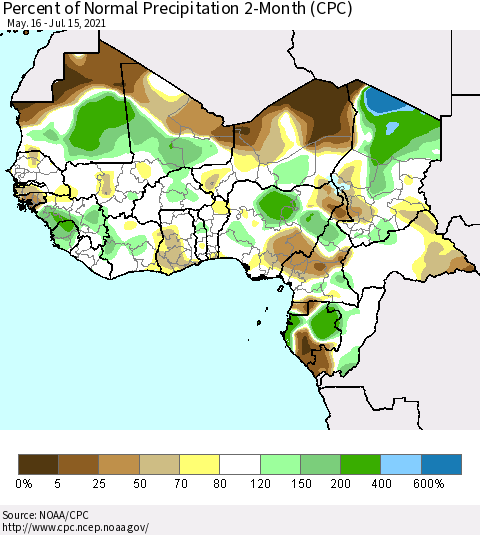 Western Africa Percent of Normal Precipitation 2-Month (CPC) Thematic Map For 5/16/2021 - 7/15/2021