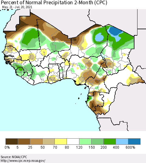 Western Africa Percent of Normal Precipitation 2-Month (CPC) Thematic Map For 5/21/2021 - 7/20/2021